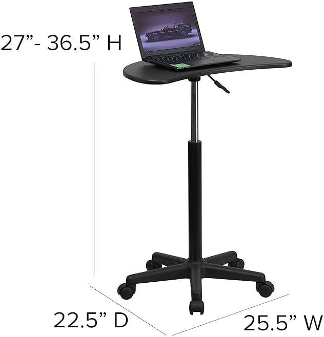 Flash Furniture Eve Sit to Stand Mobile Laptop Desk/Speaker's Lectern with Wheels, Modern Height-Adjustable Portable Standing Computer Desk, Black - Image 3