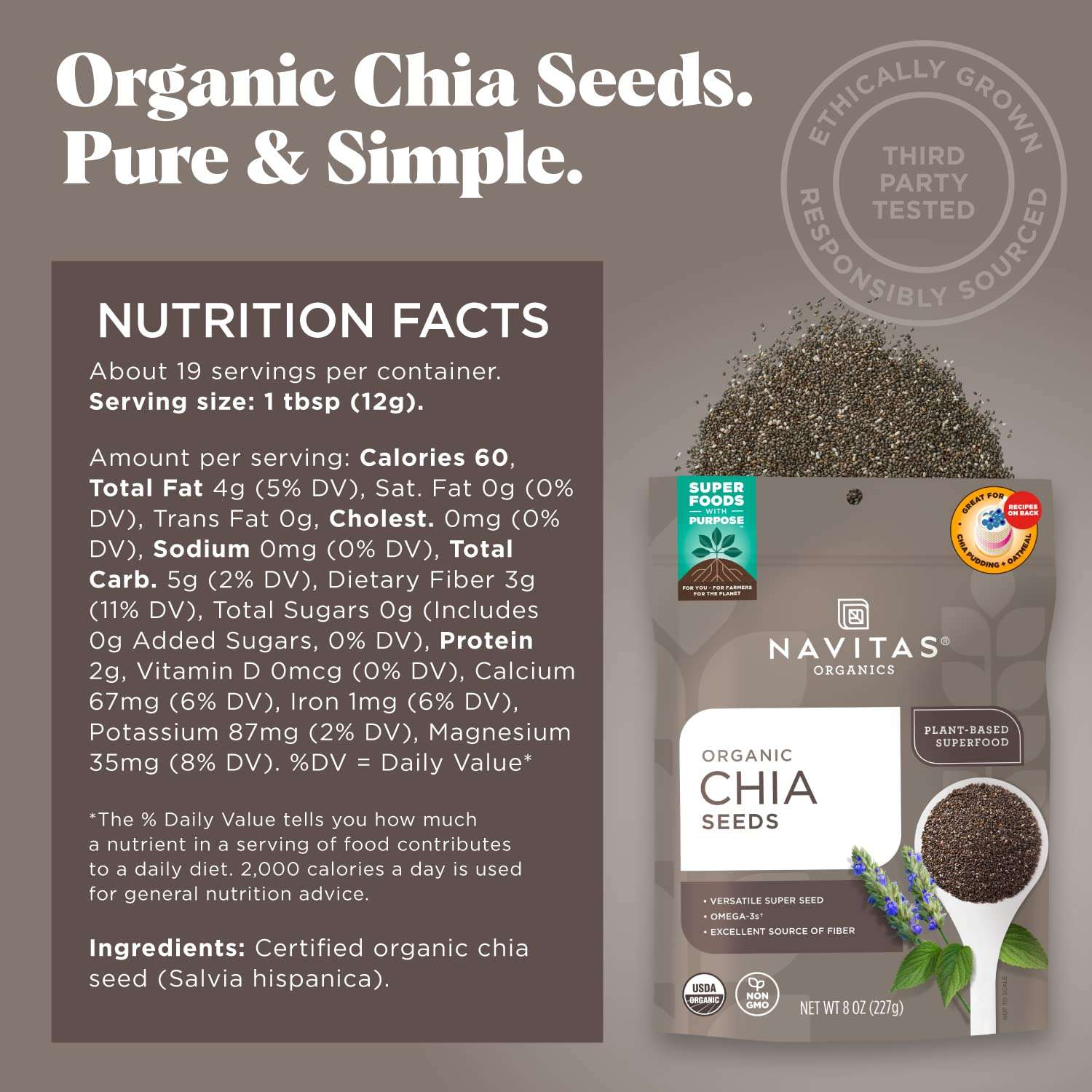Navitas Organics Chia Seeds – For Chia Pudding, Smoothies, Baking, Salads & More – Omega 3, Fiber, Minerals - USDA Organic, Non GMO, Kosher, Gluten Free, Keto (8oz. Bag, 8 Servings) - Image 2