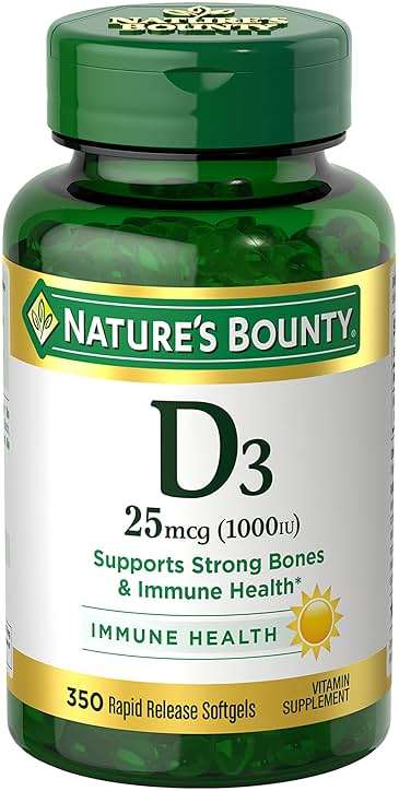 Nature's Bounty Vitamin D3 1000 IU Softgels, Immune Support, Promotes Healthy Bones, 1 Softgel per Day, Gluten Free, 350 Count - Image 1