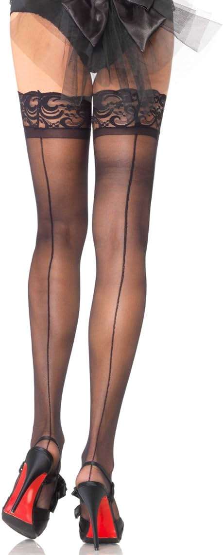 Leg Avenue Women's Thigh High Stockings, Lace Top Cuban Heel Backseam Stockings - Image 1