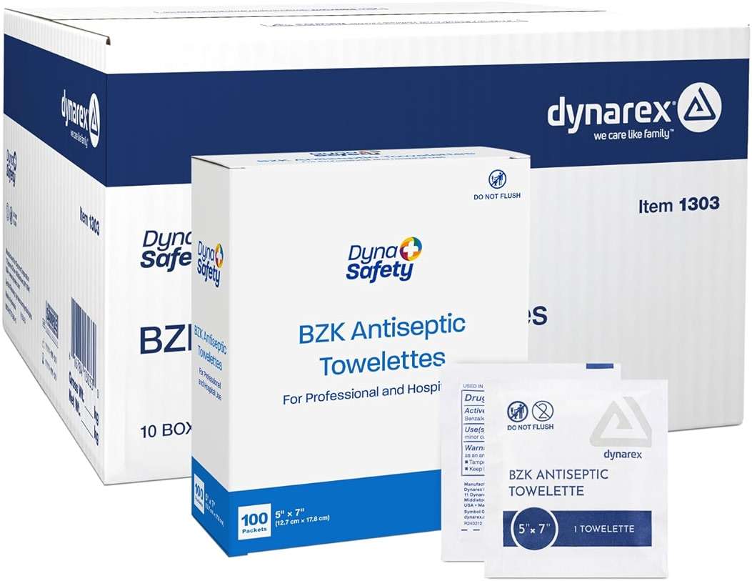 Dynarex DynaSafety BZK Antiseptic Towelettes - Sterile, Alcohol and Fragrance Free, Gentle Cleansing, Safe on Minor Wounds - 5" x 7" - Case of 10 Boxes, 100 per Box - Image 1