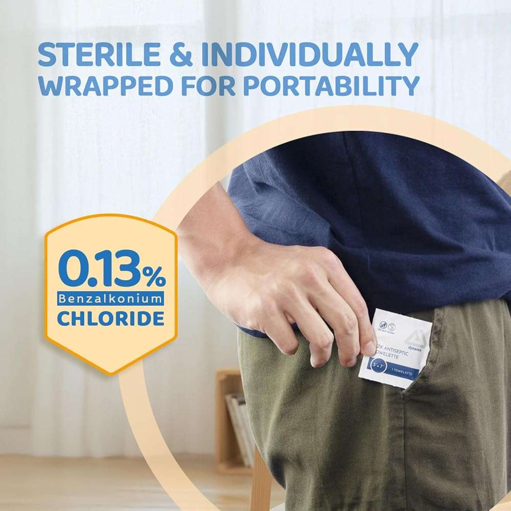 Dynarex DynaSafety BZK Antiseptic Towelettes - Sterile, Alcohol and Fragrance Free, Gentle Cleansing, Safe on Minor Wounds - 5" x 7" - Case of 10 Boxes, 100 per Box - Image 3