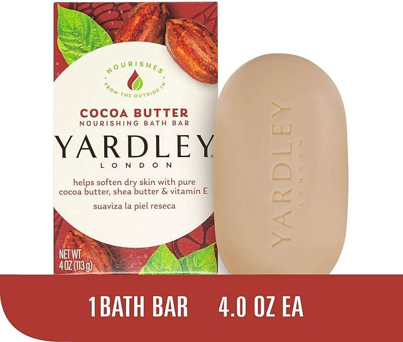 Yardley London Nourishing Bath Soap Bar Cocoa Butter, Helps Soften Dry Skin with Pure Cocoa Butter, Shea Butter & Vitamin E, 4.0 oz Bath Bar, 1 Soap Bar - Image 2
