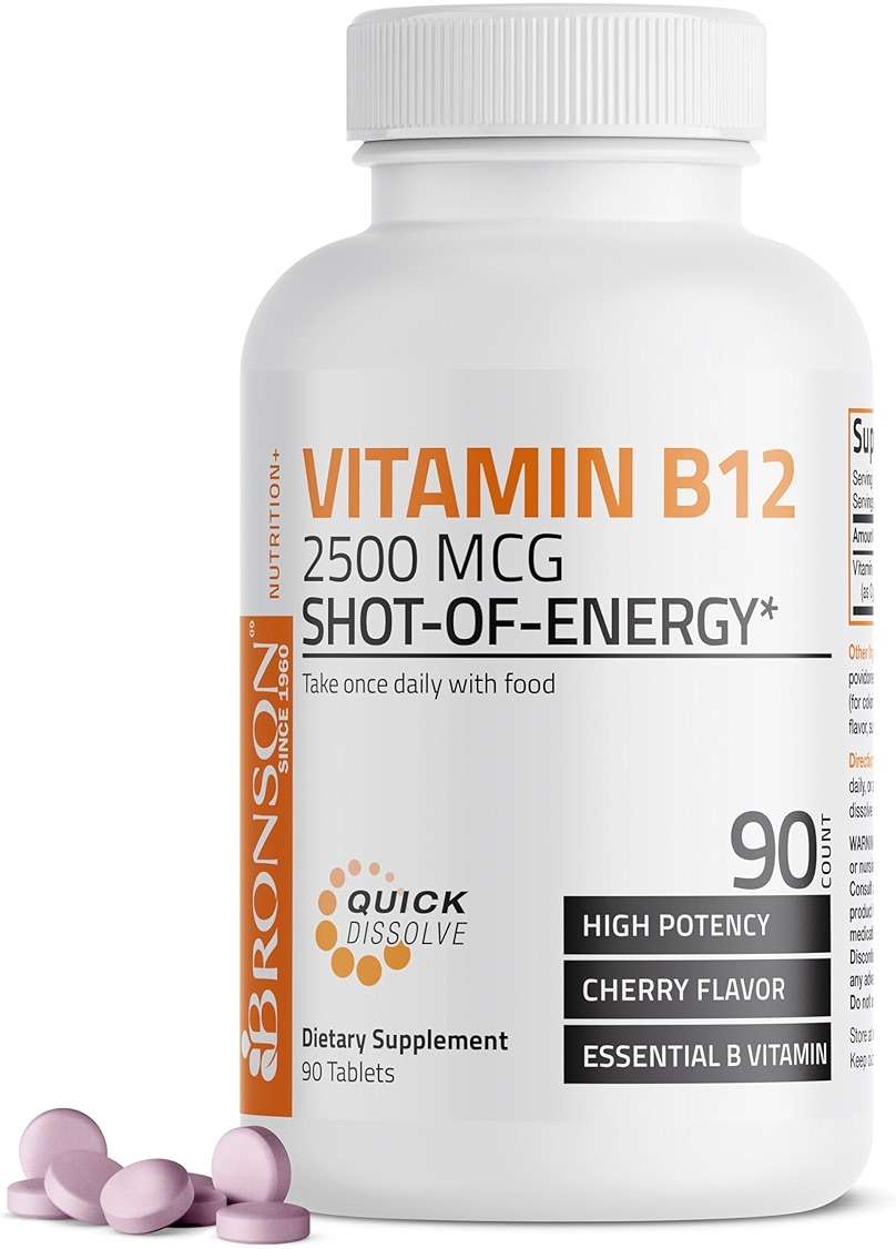 Vitamin B12 2500mcg Shot of Energy Fast Dissolve Chewable Tablets - Quick Release Cherry Flavored Sublingual B12 Vitamin - Supports Nervous System, Healthy Brain Function Energy Production – 90 Count - Image 1
