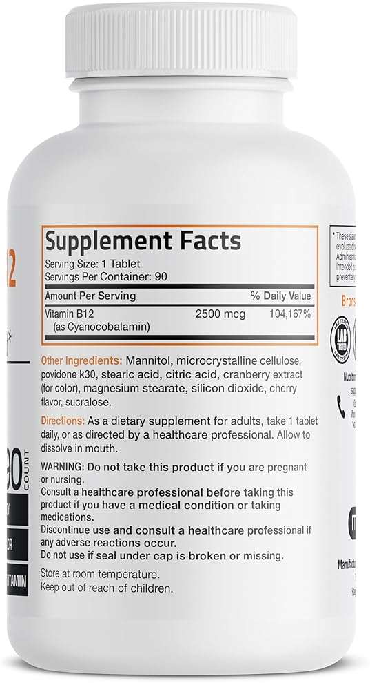Vitamin B12 2500mcg Shot of Energy Fast Dissolve Chewable Tablets - Quick Release Cherry Flavored Sublingual B12 Vitamin - Supports Nervous System, Healthy Brain Function Energy Production – 90 Count - Image 2