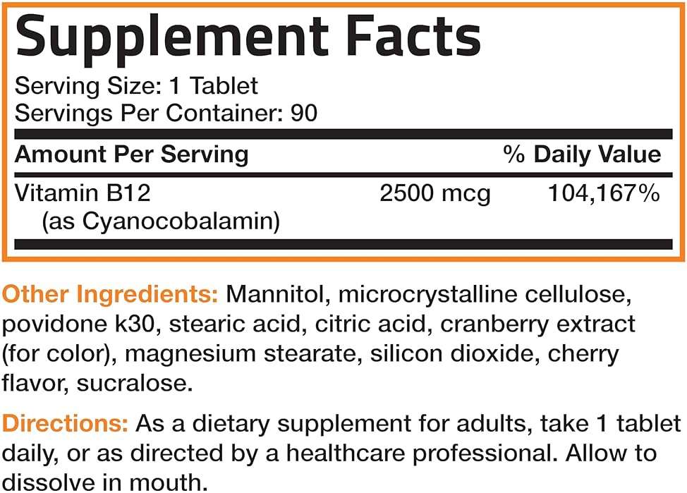 Vitamin B12 2500mcg Shot of Energy Fast Dissolve Chewable Tablets - Quick Release Cherry Flavored Sublingual B12 Vitamin - Supports Nervous System, Healthy Brain Function Energy Production – 90 Count - Image 6