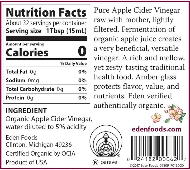 Eden Organic Apple Cider Vinegar, Raw, Unpasteurized with Mother, 16oz Glass - Image 2