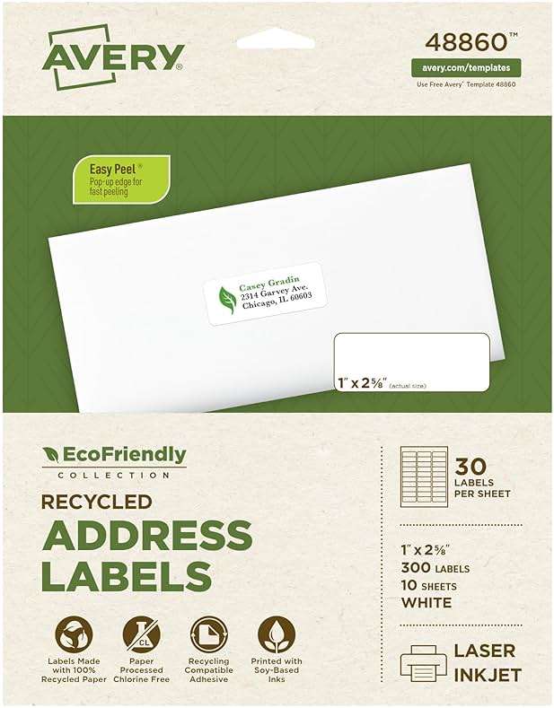 Avery EcoFriendly Recycled Address Labels, 1" x 2-5/8", White, Permanent Label Adhesive, 300 Printable Labels (48860) - Image 1