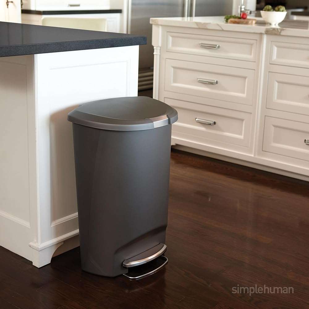 simplehuman 50 Liter / 13 Gallon Semi-Round Kitchen Step Trash Can with Secure Slide Lock, Grey Plastic - Image 2