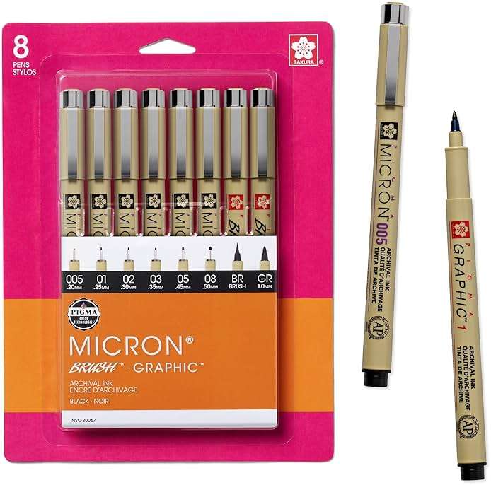 Sakura Pigma Micron, Graphic & Brush Fineline Pens, Archival Black Ink, 8 PK 30067 - Image 1