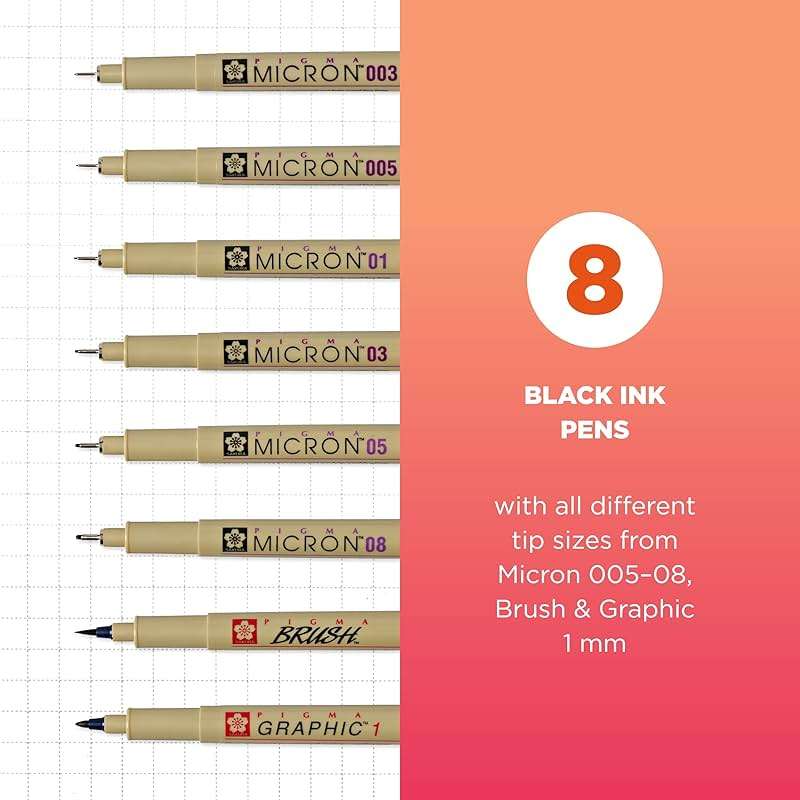 Sakura Pigma Micron, Graphic & Brush Fineline Pens, Archival Black Ink, 8 PK 30067 - Image 2