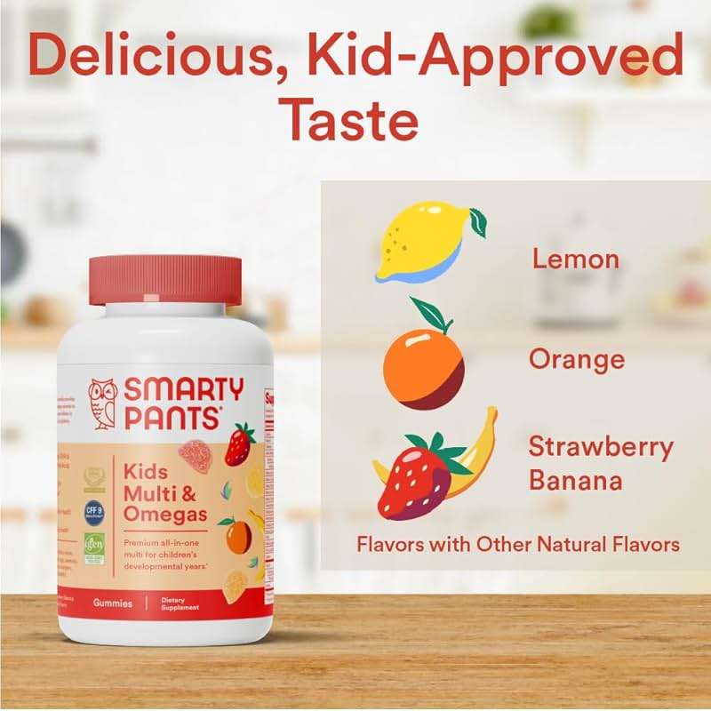 SmartyPants Kids Multivitamin Gummies: Omega 3 Fish Oil (EPA/DHA), Vitamin D3, C, Vitamin B12, B6, A, K & Zinc for Immune Support, Biotin, Gluten Free, Three Fruit Flavors, 120 Count (30 Day Supply) - Image 7