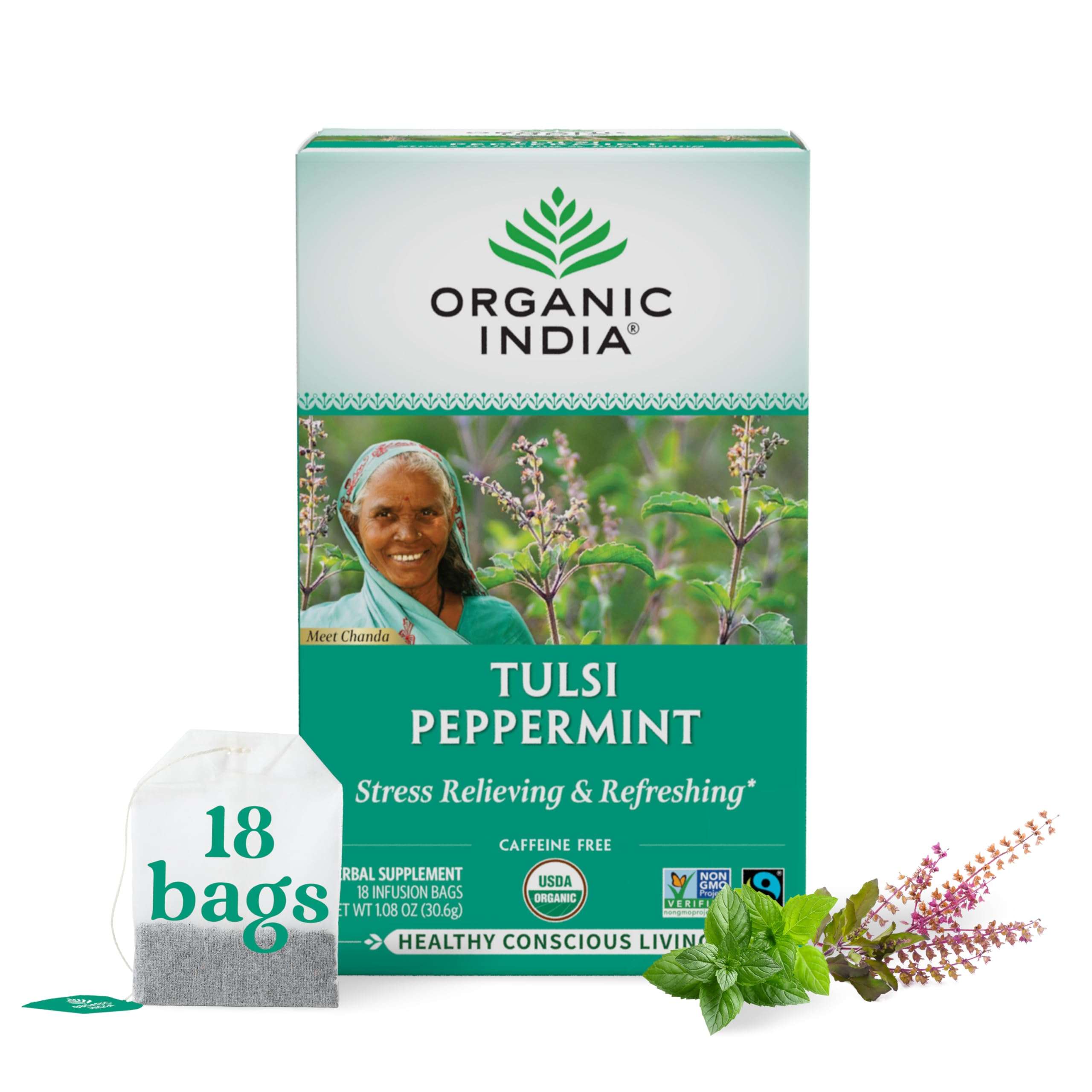 Organic India Tulsi Peppermint Herbal Tea - Stress Relieving & Refreshing, Immune Support, Aids Digestion, Vegan, USDA Certified Organic, Fairtrade, Caffeine-Free - 18 Infusion Bags, 1 Pack - Image 1