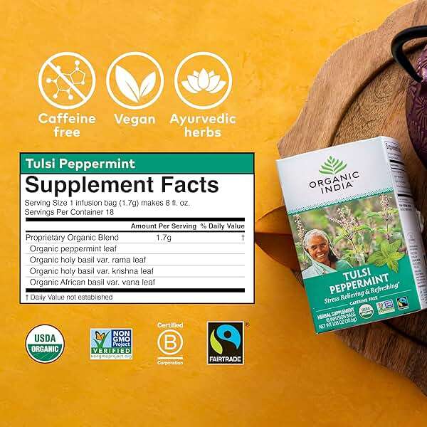 Organic India Tulsi Peppermint Herbal Tea - Stress Relieving & Refreshing, Immune Support, Aids Digestion, Vegan, USDA Certified Organic, Fairtrade, Caffeine-Free - 18 Infusion Bags, 1 Pack - Image 2