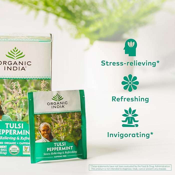 Organic India Tulsi Peppermint Herbal Tea - Stress Relieving & Refreshing, Immune Support, Aids Digestion, Vegan, USDA Certified Organic, Fairtrade, Caffeine-Free - 18 Infusion Bags, 1 Pack - Image 3