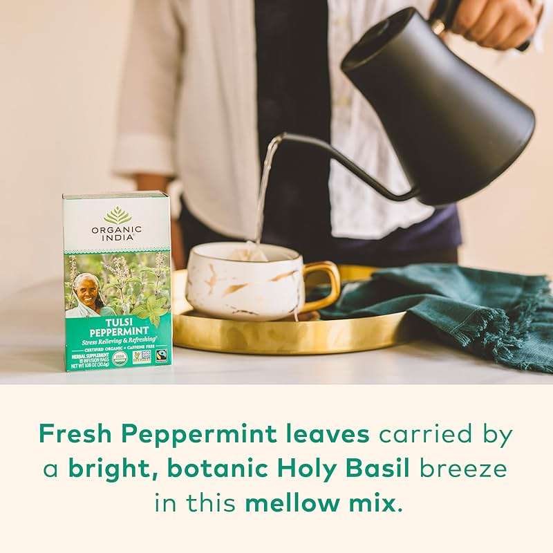 Organic India Tulsi Peppermint Herbal Tea - Stress Relieving & Refreshing, Immune Support, Aids Digestion, Vegan, USDA Certified Organic, Fairtrade, Caffeine-Free - 18 Infusion Bags, 1 Pack - Image 6