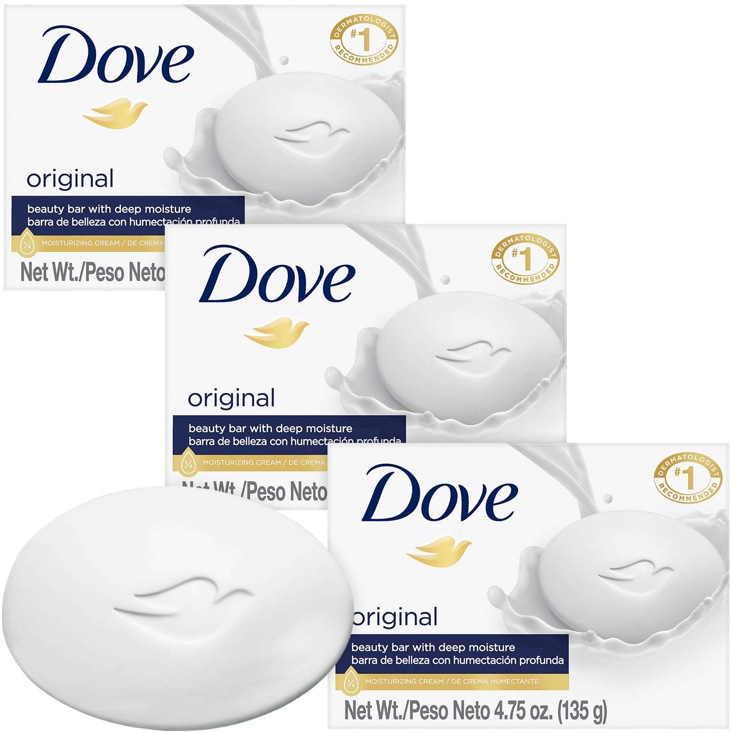 Dove Soap, Original Beauty Bar 3-Pack – 3-in-1 Moisturizing Face, Body & Hand Soap, 4.75 Oz Ea - Image 1