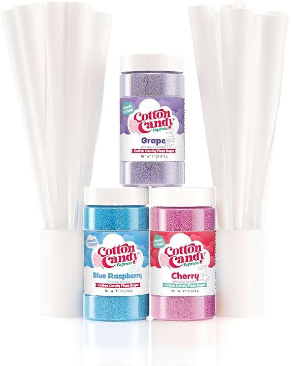 Cotton Candy Express Floss Sugar Variety Pack with 3 - 11oz Plastic Jars of Cherry, Blue Raspberry & Grape Flossing Sugars Plus 50 Paper Cotton Candy Cones - Image 1