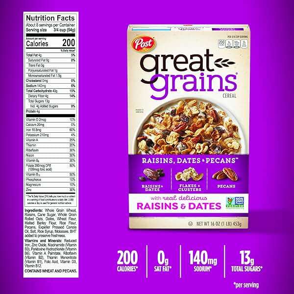 Great Grains Raisins Dates and Pecans Breakfast Cereal, Raisin Cereal with Sweet Dates and Granola Clusters, Non-GMO Project Verified, 16 OZ Box | Raisin Cereal with Sweet Dates, Granola Clusters, Non-GMO Project Verified - Image 5