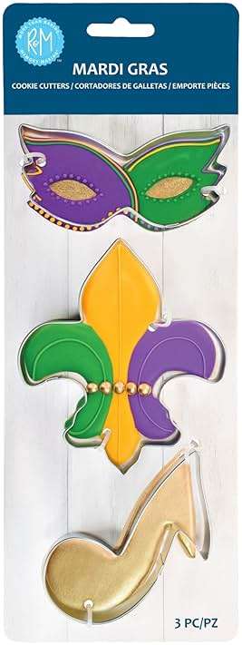 R&M Mardi Gras Cookie Cutter Gift Set. Includes Mardi Gras Mask, Fleur De Lis, and Music Note Cookie Cutter, 3-Piece Set, Silver - Image 1