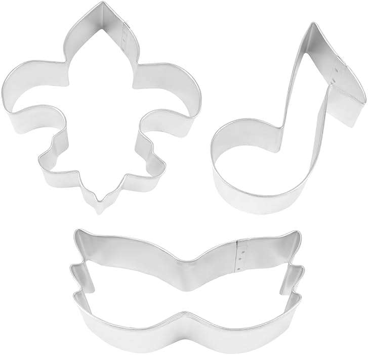 R&M Mardi Gras Cookie Cutter Gift Set. Includes Mardi Gras Mask, Fleur De Lis, and Music Note Cookie Cutter, 3-Piece Set, Silver - Image 2