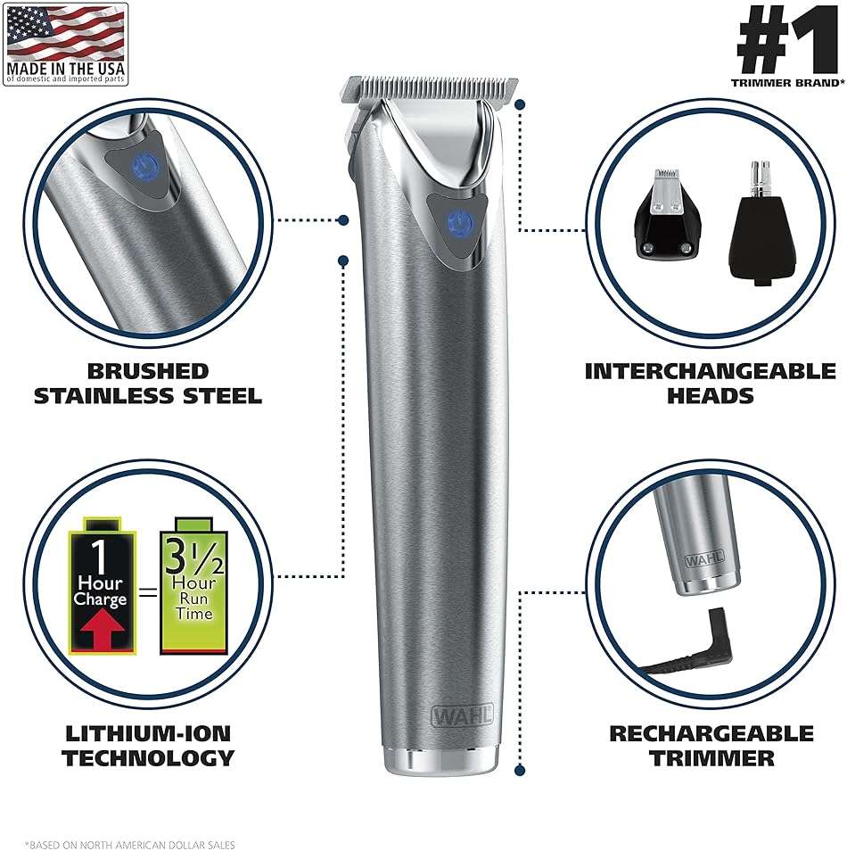 Wahl USA Stainless Steel Lithium-Ion Cordless Beard Trimmer for Men - Rechargeable All in One Men's Beard Trimmer with Rotary Ear & Nose Trimmer, & Detail Trimmer - Model 9818A - Image 3