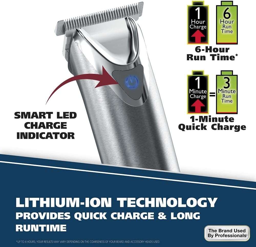 Wahl USA Stainless Steel Lithium-Ion Cordless Beard Trimmer for Men - Rechargeable All in One Men's Beard Trimmer with Rotary Ear & Nose Trimmer, & Detail Trimmer - Model 9818A - Image 8