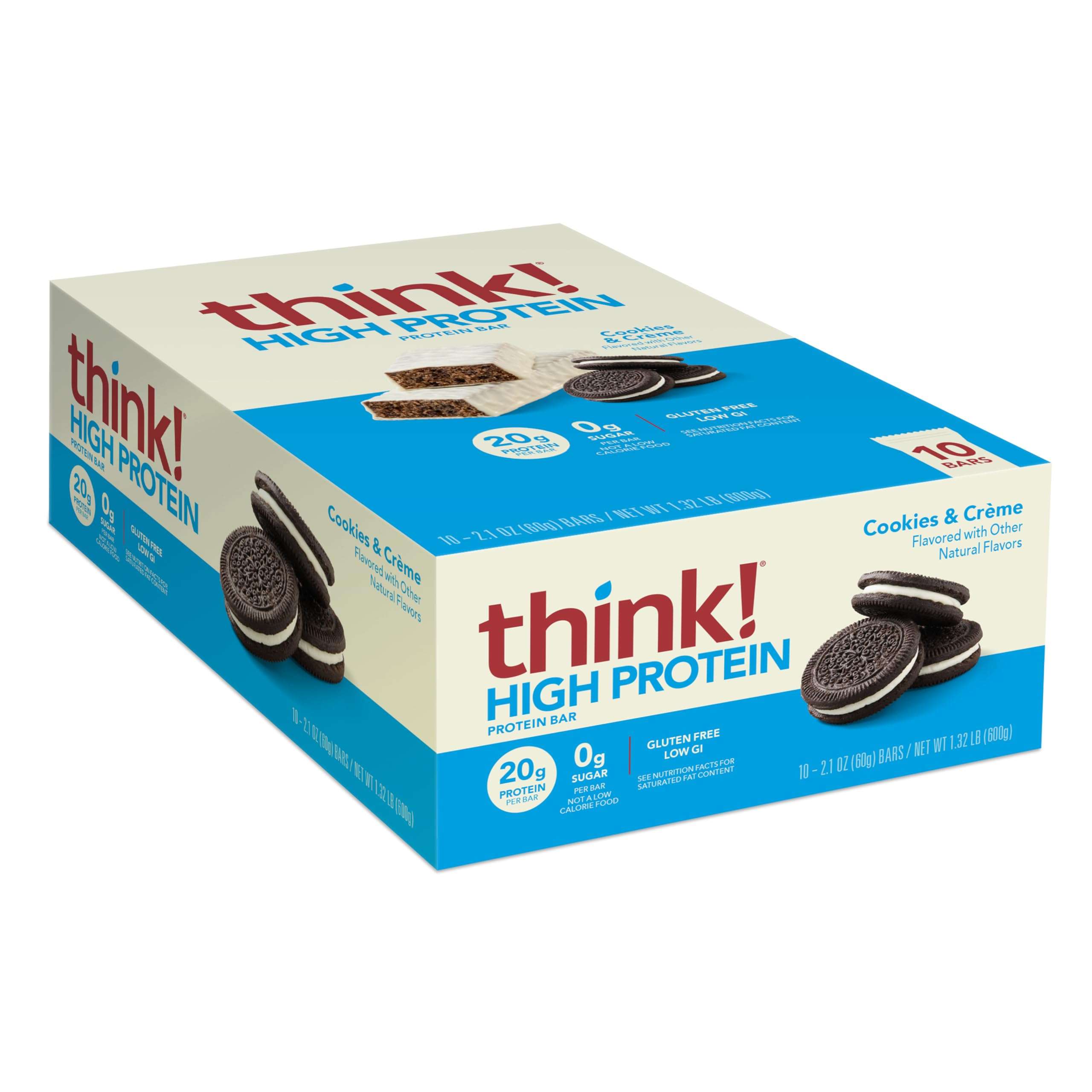 think! Protein Bars, High Protein Snacks, Gluten Free, Kosher Friendly, Cookies and Crème, Nutrition Bars, 2.1 Oz per Bar, 10 Count (Packaging May Vary) - Image 1