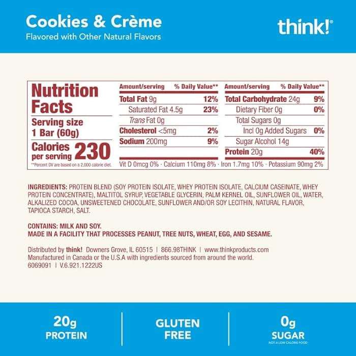 think! Protein Bars, High Protein Snacks, Gluten Free, Kosher Friendly, Cookies and Crème, Nutrition Bars, 2.1 Oz per Bar, 10 Count (Packaging May Vary) - Image 6