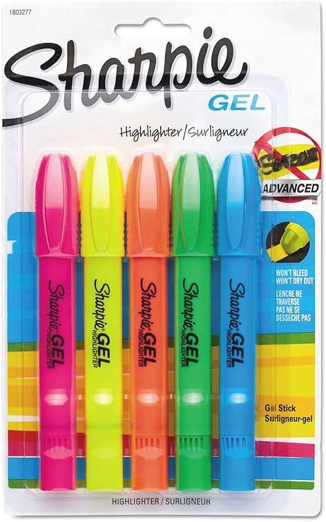 Sharpie Gel Highlighters, Bullet Tip, Assorted Fluorescent Markers, 5 Count - Won't Dry Out, Smear And Bleed Resistant - Image 1