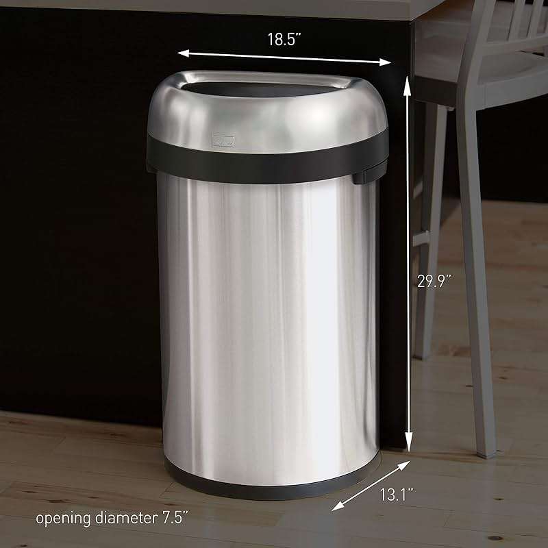 simplehuman 60 Liter / 15.9 Gallon Large Semi-Round Open Top Trash Can Commercial Grade Heavy Gauge, Brushed Stainless Steel - Image 3