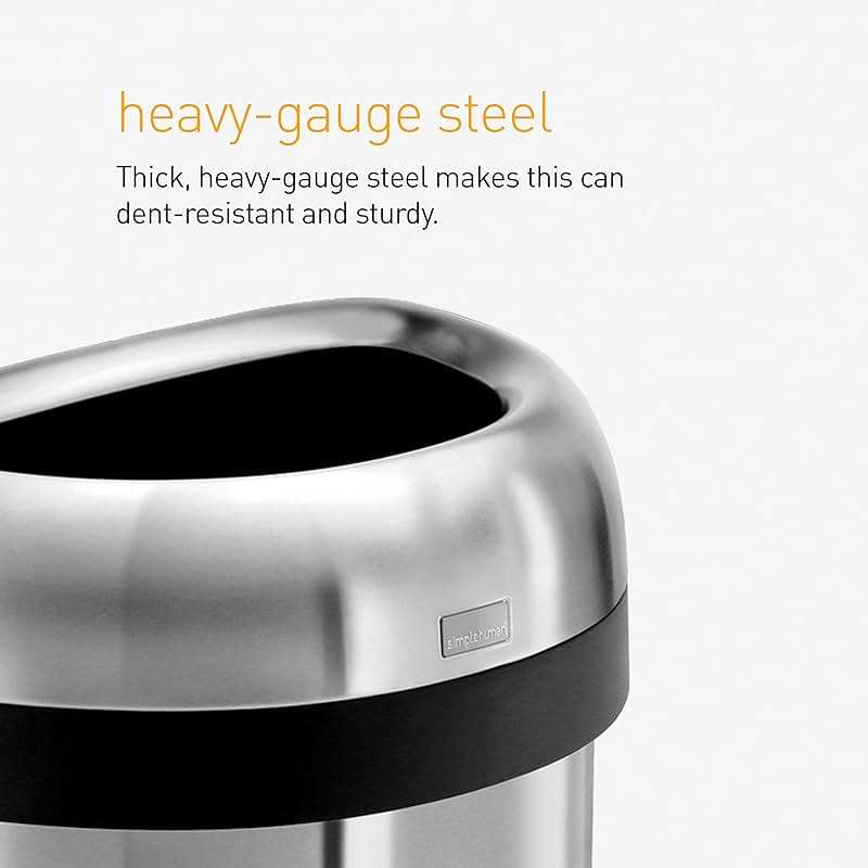 simplehuman 60 Liter / 15.9 Gallon Large Semi-Round Open Top Trash Can Commercial Grade Heavy Gauge, Brushed Stainless Steel - Image 5