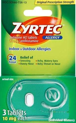 Zyrtec 24 Hour Allergy Relief Tablets, Antihistamine Indoor & Outdoor Anti Allergy Medicine + Cetirizine HCl, Relief from Runny Nose, Sneezing, & Itchy Eyes, Single Packs, 3 x 1 ct Packets - Image 2