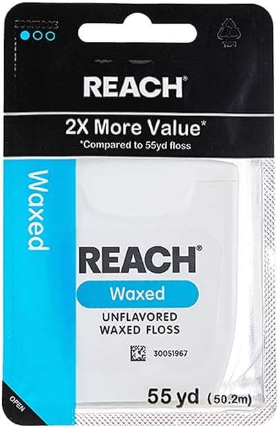 REACH Waxed Dental Floss,Unflavored, Plaque Remover for Teeth, Shred Resistant, Floss Slides Smoothly, Easy to Use, Waxed, Deep Cleaning Teeth, Oral Care, PFAS Free, for Adults & Kids, 1 Pack, 55 yd - Image 1
