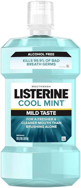 Listerine Cool Mint Alcohol-Free Mild Mouthwash, Oral Rinse Kills 99.9% of Germs That Cause Bad Breath, Less Intense Taste, Mild Mint Flavor, 1 L - Image 1