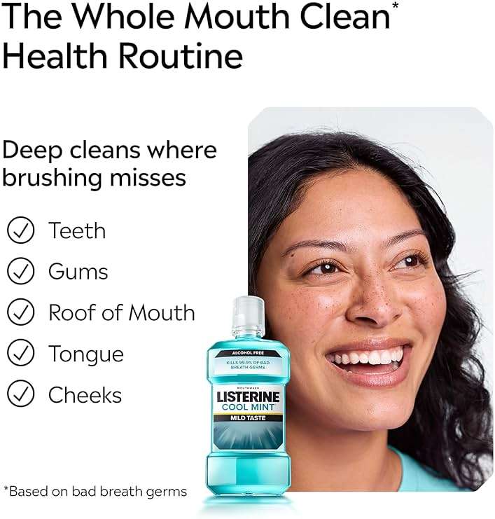 Listerine Cool Mint Alcohol-Free Mild Mouthwash, Oral Rinse Kills 99.9% of Germs That Cause Bad Breath, Less Intense Taste, Mild Mint Flavor, 1 L - Image 3