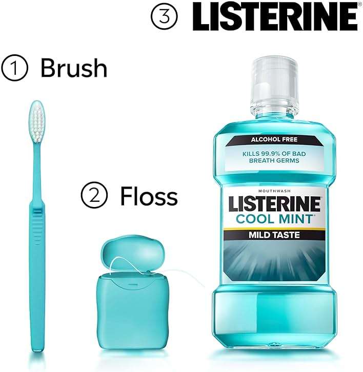 Listerine Cool Mint Alcohol-Free Mild Mouthwash, Oral Rinse Kills 99.9% of Germs That Cause Bad Breath, Less Intense Taste, Mild Mint Flavor, 1 L - Image 5