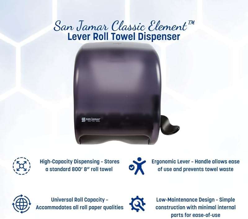 San Jamar Classic Element Paper Towel Dispenser Wall-Mounted Commercial Roll Dispenser, Fits All Core Sizes with Lever for Bathroom, Kitchens, and Restaurants, Plastic, Universal Paper, Black Pearl - Image 4