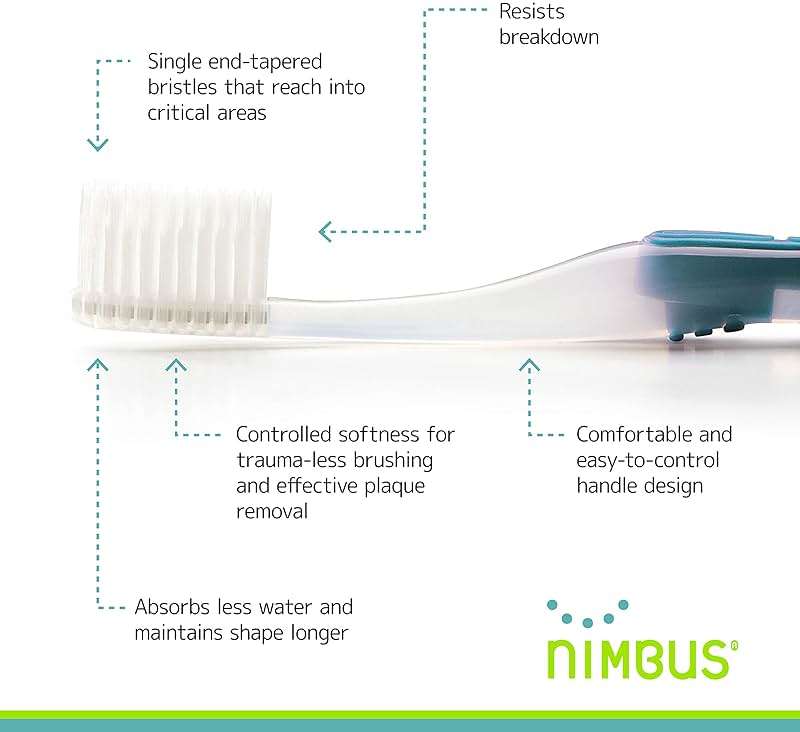 Nimbus Extra Soft Toothbrushes (Compact Size Head) Periodontist Design Tapered Bristles for Sensitive Teeth and Receding Gums, Individually Wrapped Plaque Remover Toothbrush (5 Pack, Colors May Vary) - Image 3