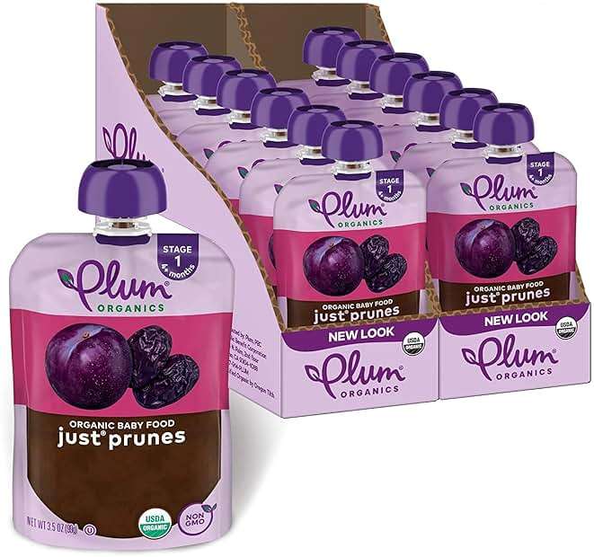 Plum Organics - 4+ Months Organic Baby Food Pouches - Just Punes - Non-GMO - Fruit & Veggie Blends On-The-Go Pouches for Baby & Toddler Meals - Quality Tested Ingredients - 3.5 oz (Pack Of 12) - Image 1