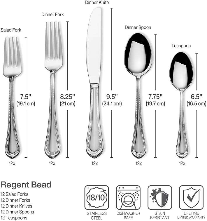 Mikasa Regent Bead 65-Piece Flatware Set for 12, 18/10 Stainless Steel Silverware with Beaded Teardrop Handles, Includes Serving Utensils, Dishwasher Safe - Image 3