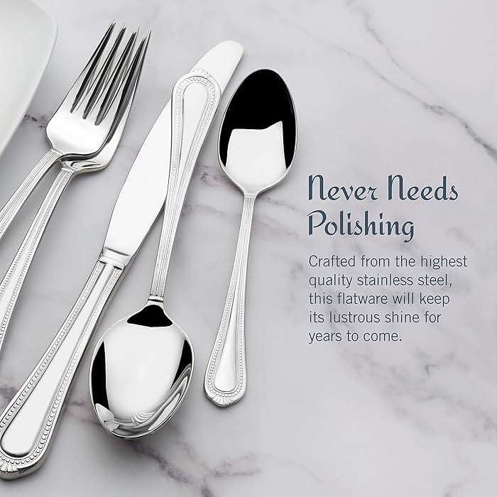 Mikasa Regent Bead 65-Piece Flatware Set for 12, 18/10 Stainless Steel Silverware with Beaded Teardrop Handles, Includes Serving Utensils, Dishwasher Safe - Image 6