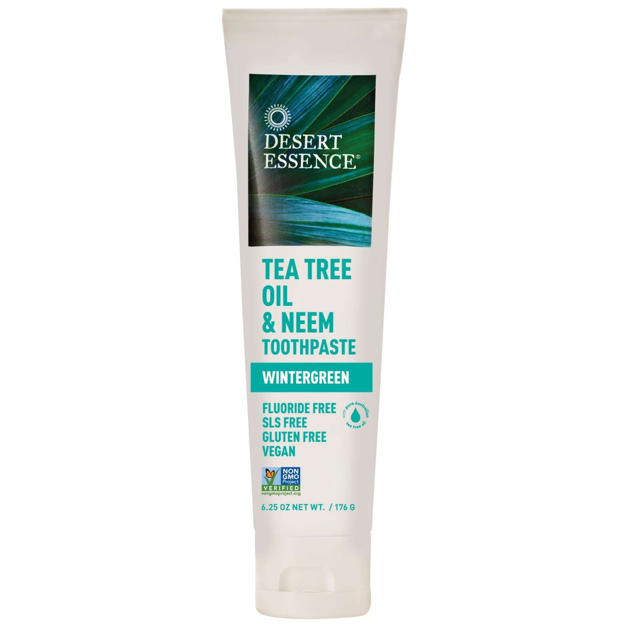 Desert Essence Tea Tree Oil & Neem Toothpaste - Fluoride-Free, Gluten-Free, SLS Free Formula - Vegan, Herbal Toothpaste for Plaque Reduction - Wintergreen Flavor, 6.25 oz - Image 1