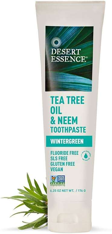 Desert Essence Tea Tree Oil & Neem Toothpaste - Fluoride-Free, Gluten-Free, SLS Free Formula - Vegan, Herbal Toothpaste for Plaque Reduction - Wintergreen Flavor, 6.25 oz - Image 2