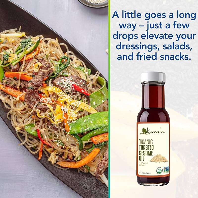 Kevala Organic Toasted Sesame Oil - 8 oz, Glass Bottle, Cold Pressed Oil | Unrefined Roasted Sesame Oil for Cooking, Made with Top Quality Roasted Sesame Seeds, For Making Stir-Fry Vegetables - Image 5