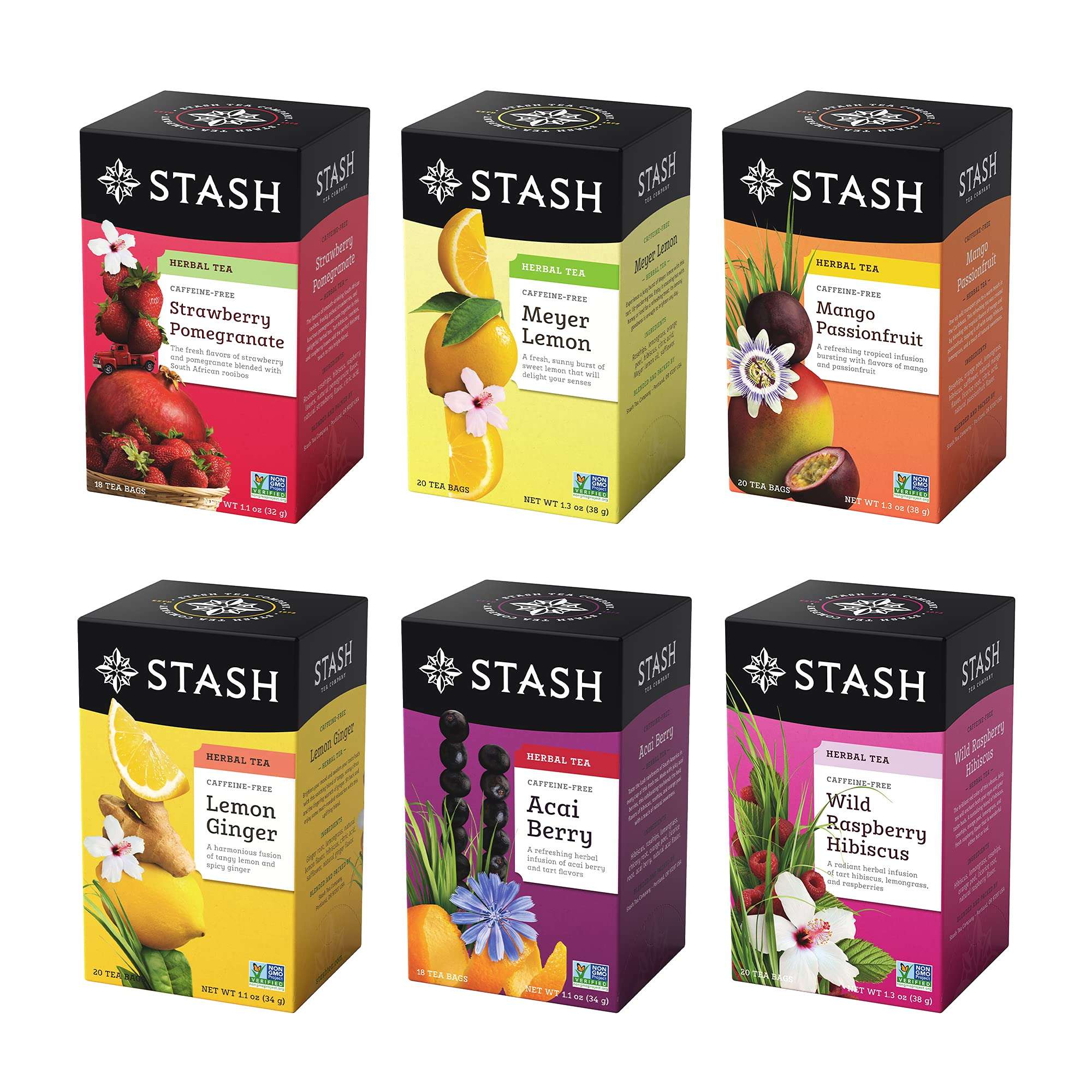 Stash Tea Fruity Herbal Tea 6 Flavor Tea Sampler, 6 boxes With 18-20 Tea Bags Each - Image 1
