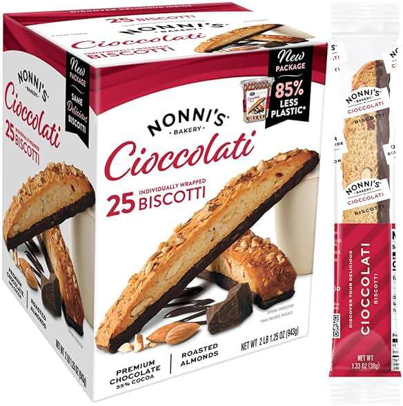 Nonni's XL Biscotti Dark Chocolate with Almond Cookies, Individually Wrapped Italian Coffee Snacks, 25 Cookies, 33.25 oz. Large Carton (Pack of 1) - Image 1