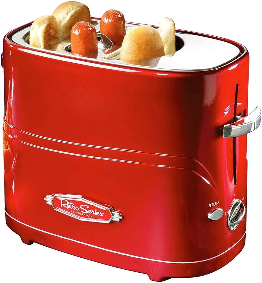 Nostalgia 2 Slot Hot Dog and Bun Toaster with Mini Tongs, Retro Hot Dog Toaster, Hot Dog Cooker that Works with Chicken, Turkey, Veggie Links, Sausages and Brats, Metallic Red - Image 1