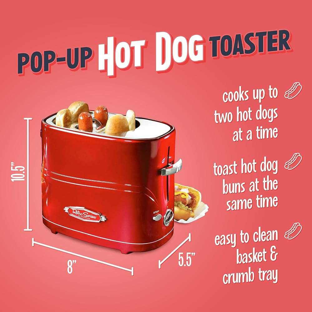 Nostalgia 2 Slot Hot Dog and Bun Toaster with Mini Tongs, Retro Hot Dog Toaster, Hot Dog Cooker that Works with Chicken, Turkey, Veggie Links, Sausages and Brats, Metallic Red - Image 3