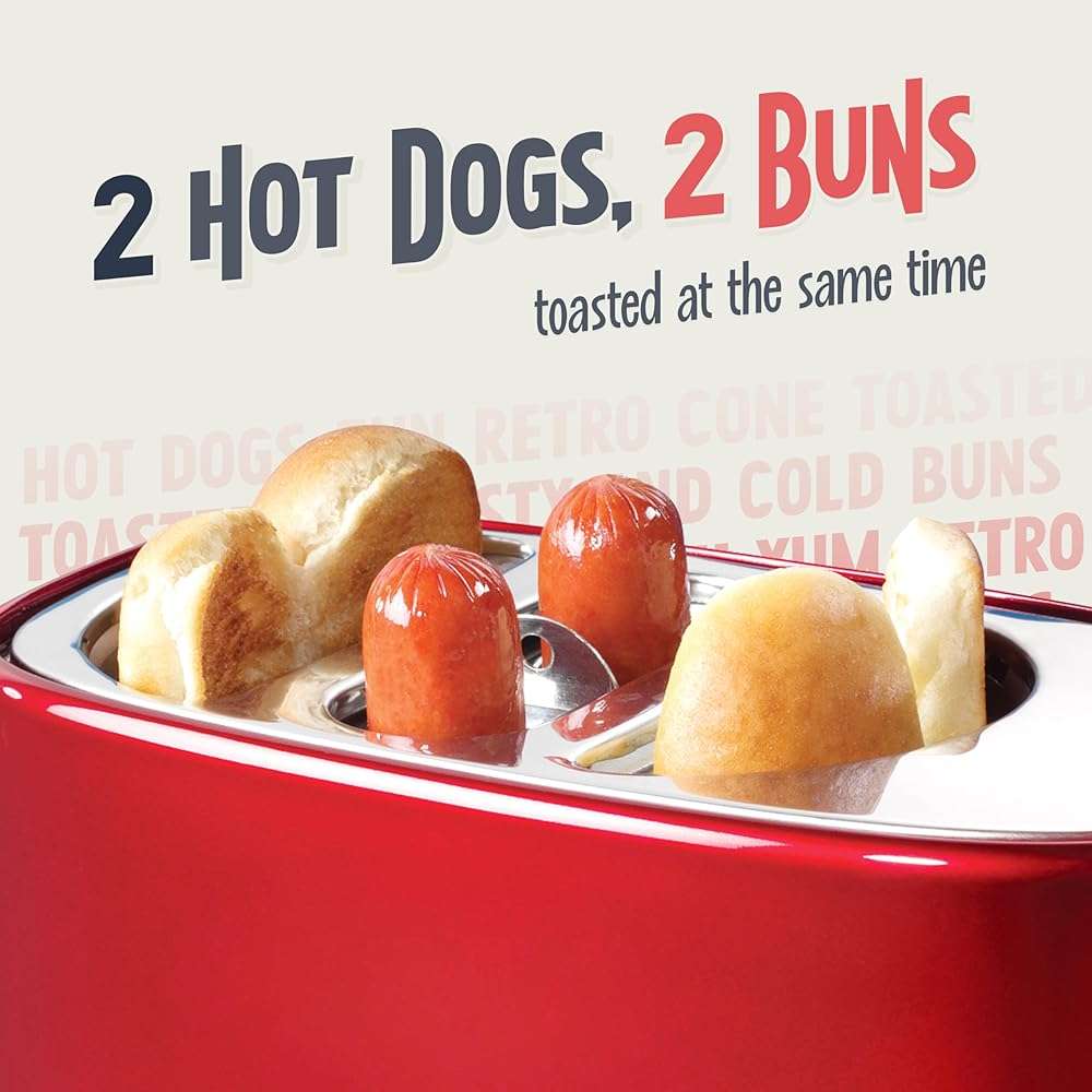 Nostalgia 2 Slot Hot Dog and Bun Toaster with Mini Tongs, Retro Hot Dog Toaster, Hot Dog Cooker that Works with Chicken, Turkey, Veggie Links, Sausages and Brats, Metallic Red - Image 4